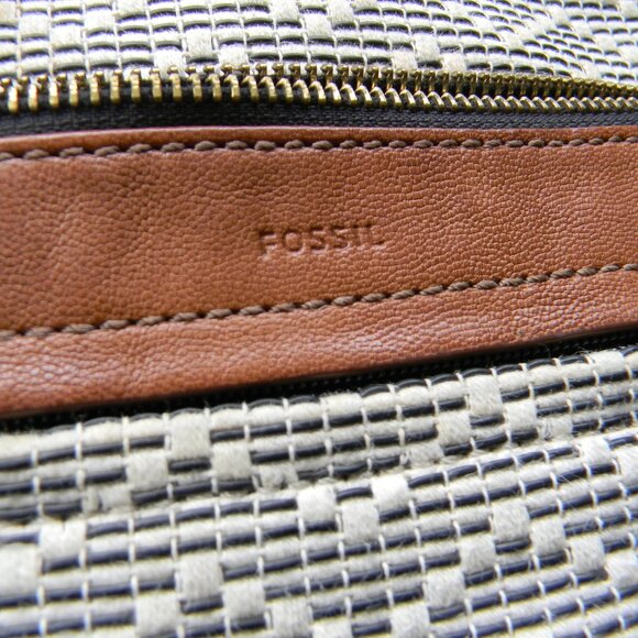 FOSSIL CREAM WOVEN CROSSBODY BAG BROWN LEATHER TRIM DOUBLE ZIP - Picture 10 of 10